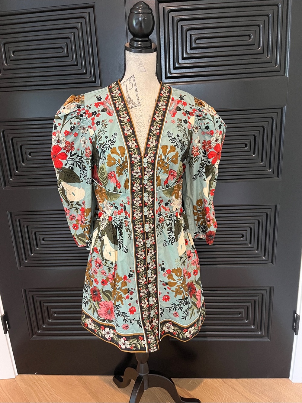 FARM Rio Sage Green Floral Mini Dress with Red & Gold Accents
